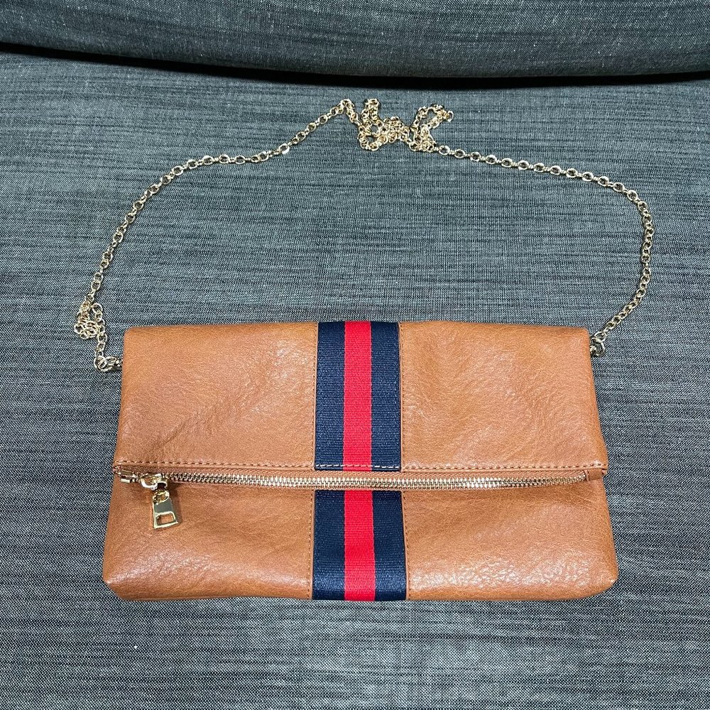Moda Luxe Tan Vegan Leather Navy Red Stripe Crossbody/Clutch
